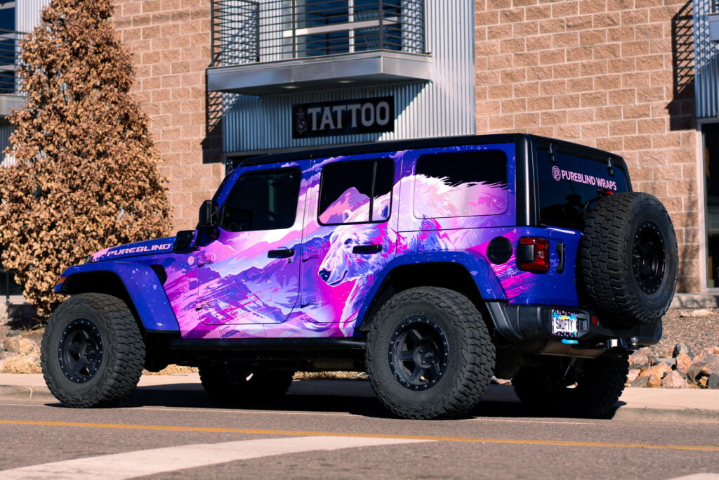 custom jeep wrap. Purple and Pink vinyl with a custom design
